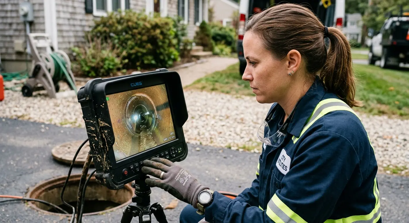 Technician reviewing sewer camera inspection footage in Darby