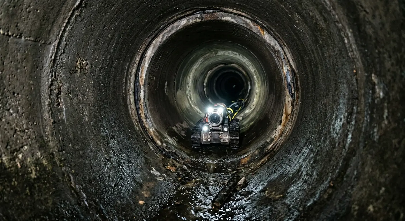 Robotic sewer camera inspecting pipe interior for Sewer Line Cleaning in Darby