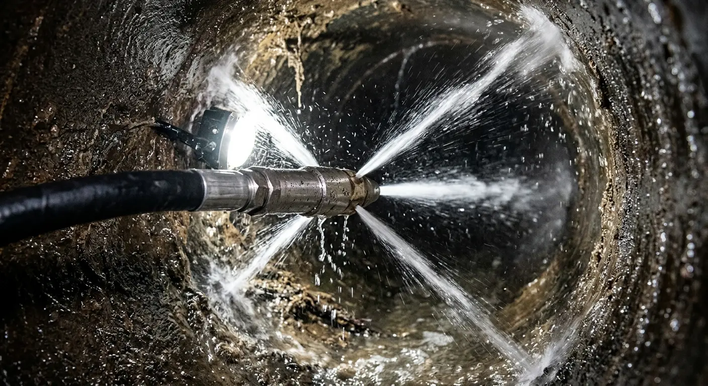 High-pressure hydro jetting nozzle cleaning sewer pipe for Trenchless Sewer Repair in Darby