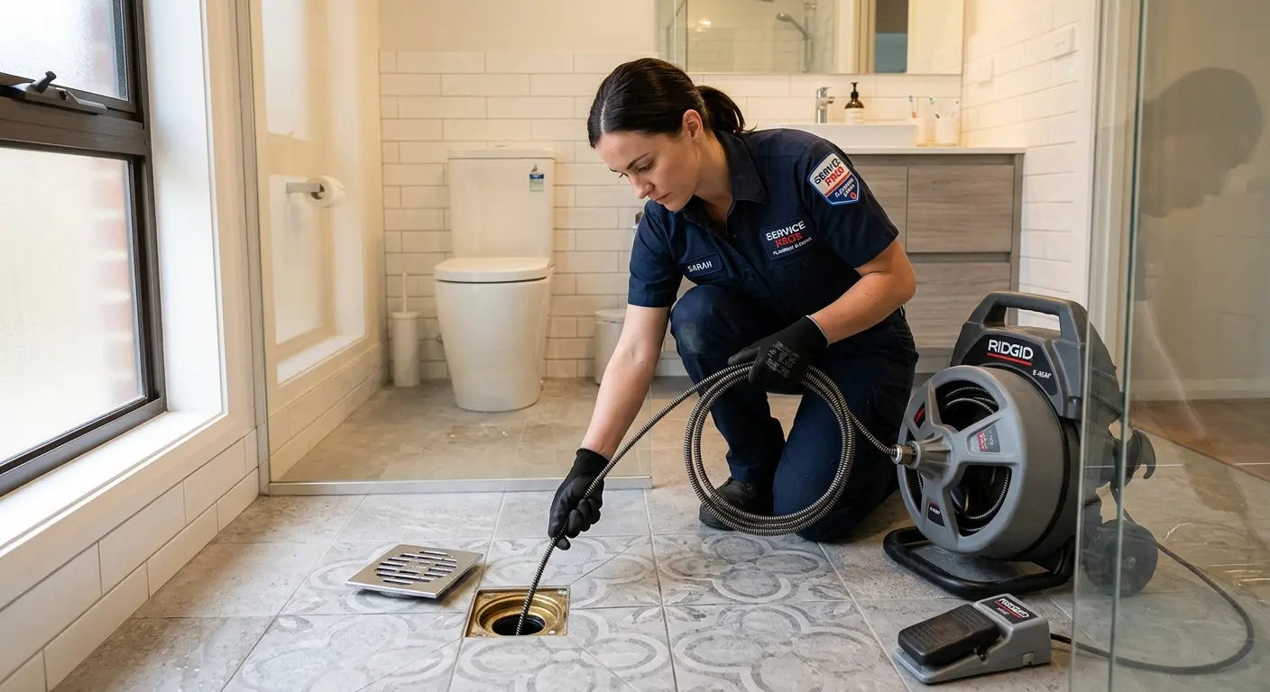 Technician clearing a bathroom floor drain for Sewer Line Installation in Darby